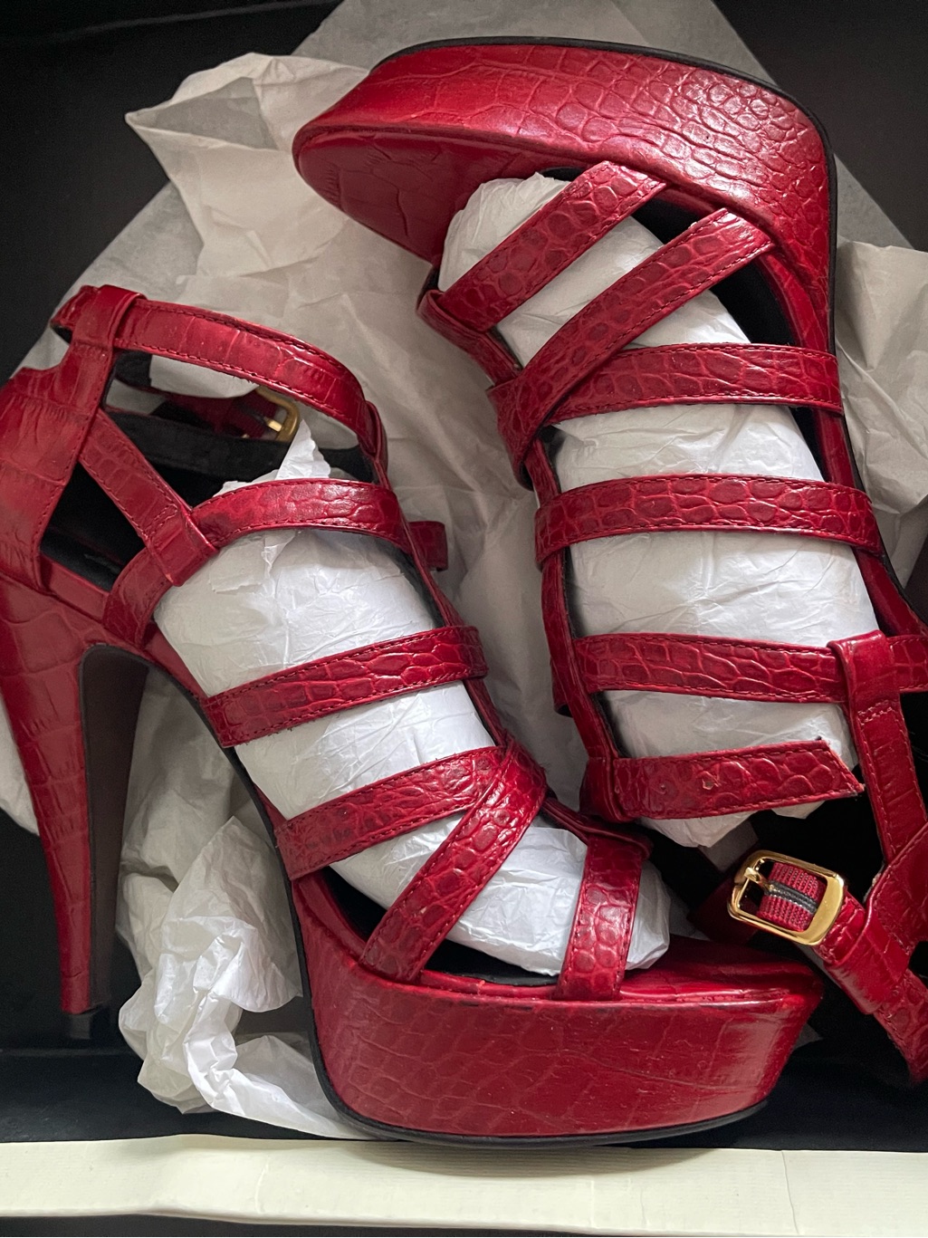 Elizabeth And James Crimson Croc-Embossed Strappy Platform Sandals